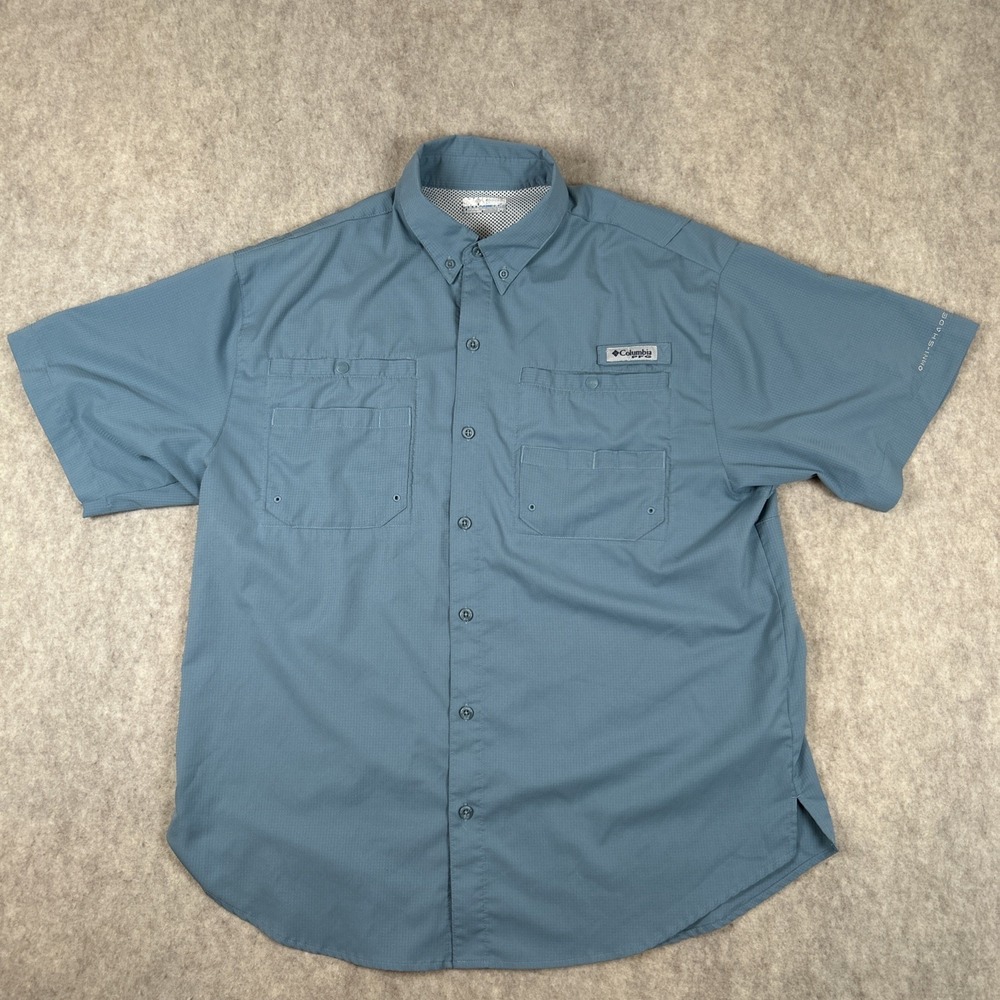 Columbia PFG Fishing Shirt Mens Large Lt Blue Vented Short Sleeve Button Front